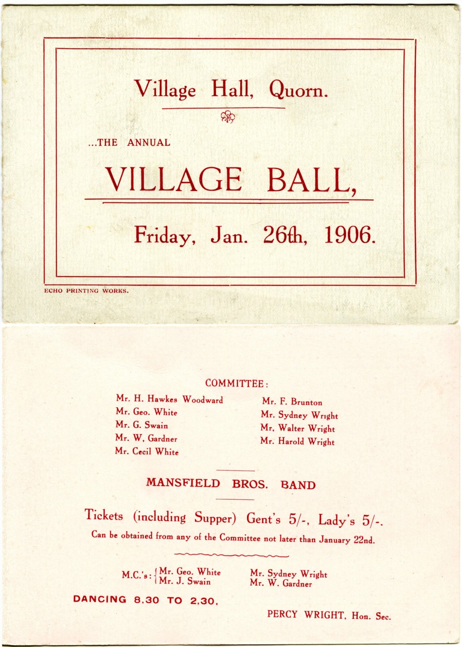 Village Hall Ball Ticket 1906