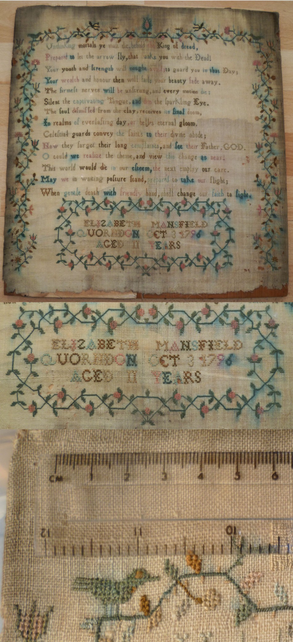 Embroidery Sampler - Elizabeth Mansfield, Quorndon, 1796
