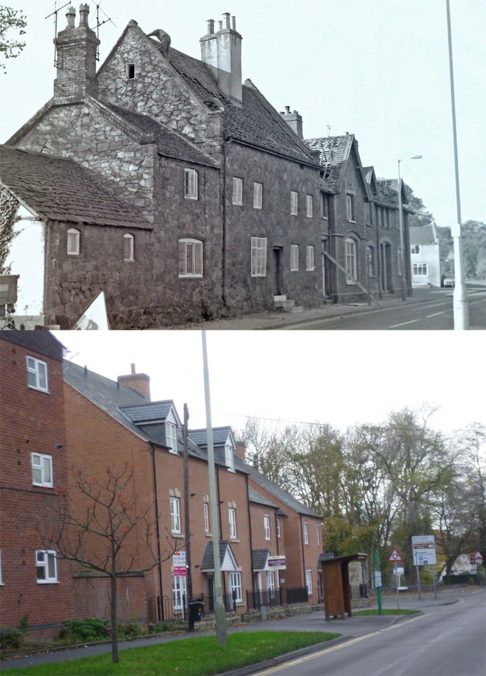 Leicester Road, Wakerley Court and The Mills area - then and now