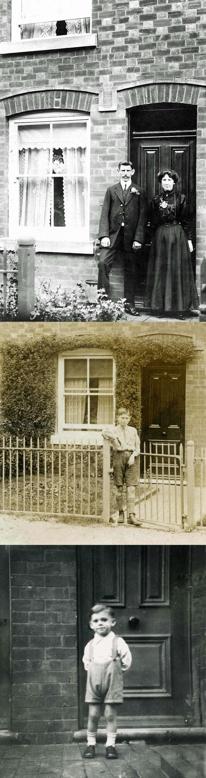 Three generations of the Green family outside their cottage in Wood Lane