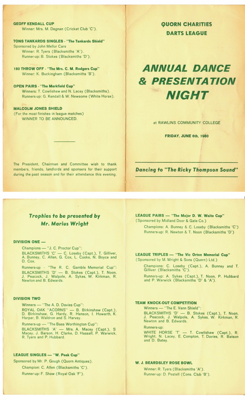 Quorn Charities Darts League � programme 6th June 1980