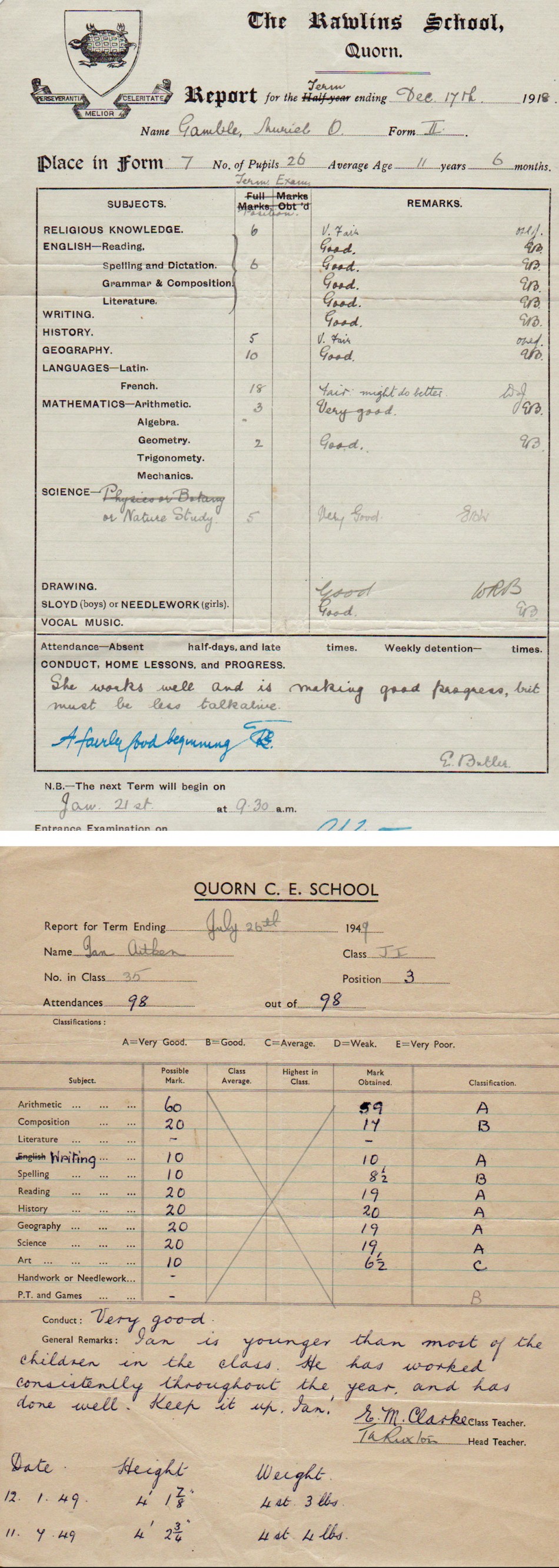 Quorn School reports, 1918 and 1949