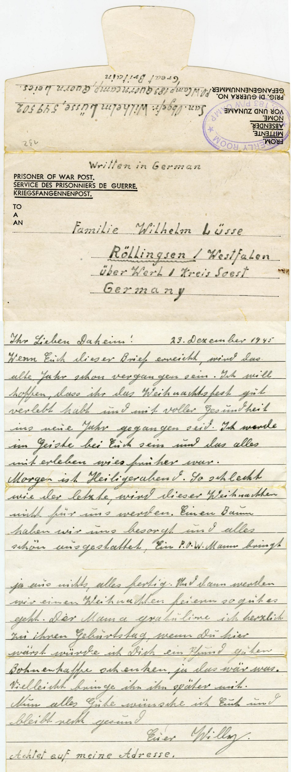 Letter from Quorn Prisoner of War Camp, Christmas 1945