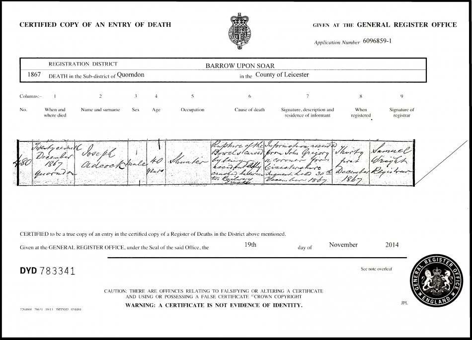 The death of Joseph Adcock, Quorn 1867