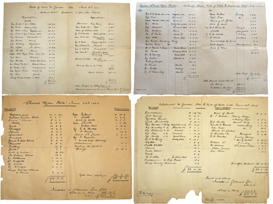 Fundraising for Quorn Church Rooms - garden fete accounts, 1923 to 1927
