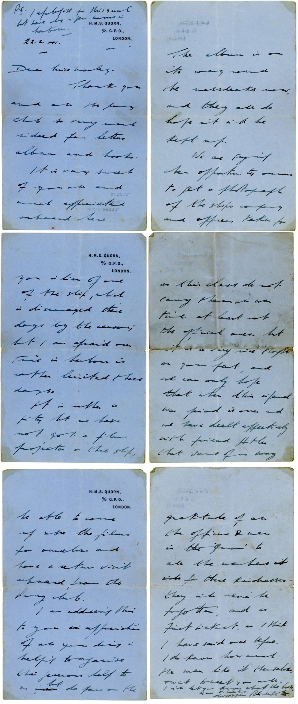 Letter from HMS Quorn, 1941