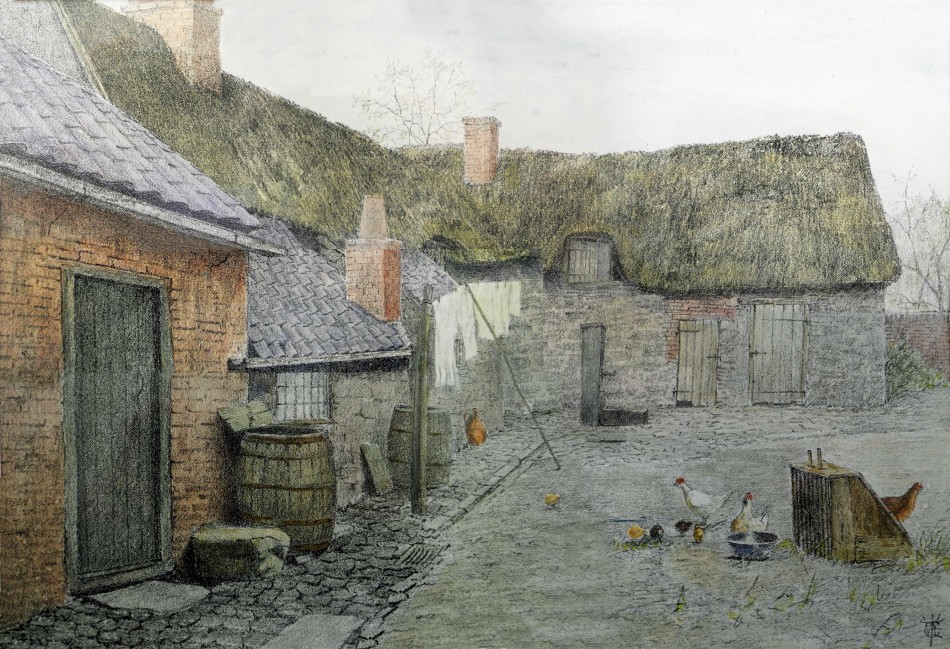 W E Cooke - A Cottage Yard at Quorn, in colour