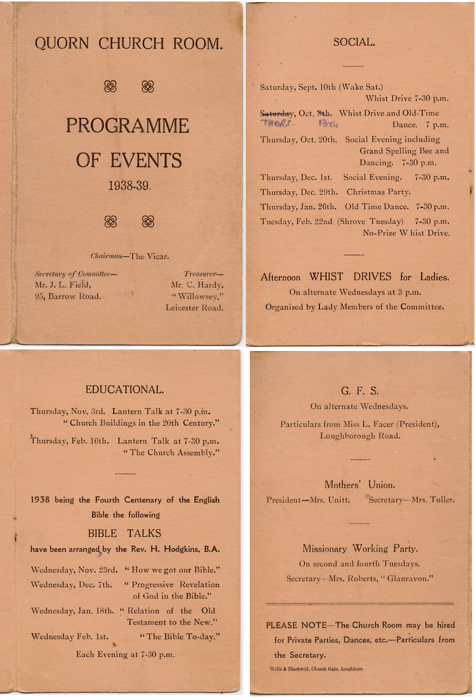 Quorn Church Room Programme of Events 1938/39