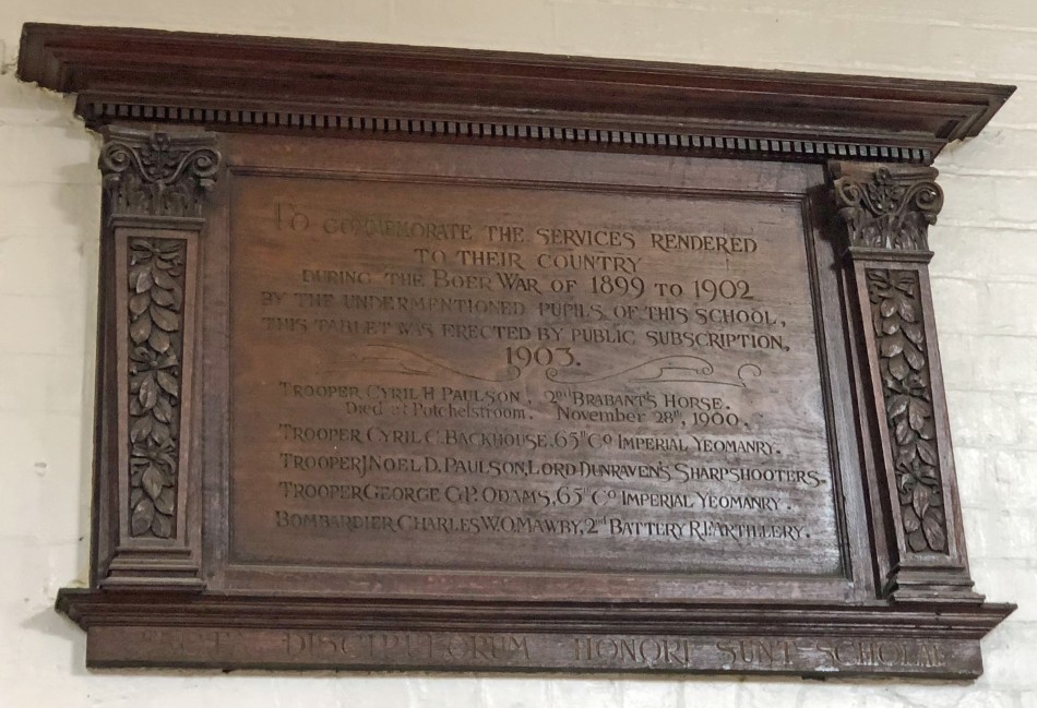 Quorn Rawlins Grammar School, Boer War Roll of Honour