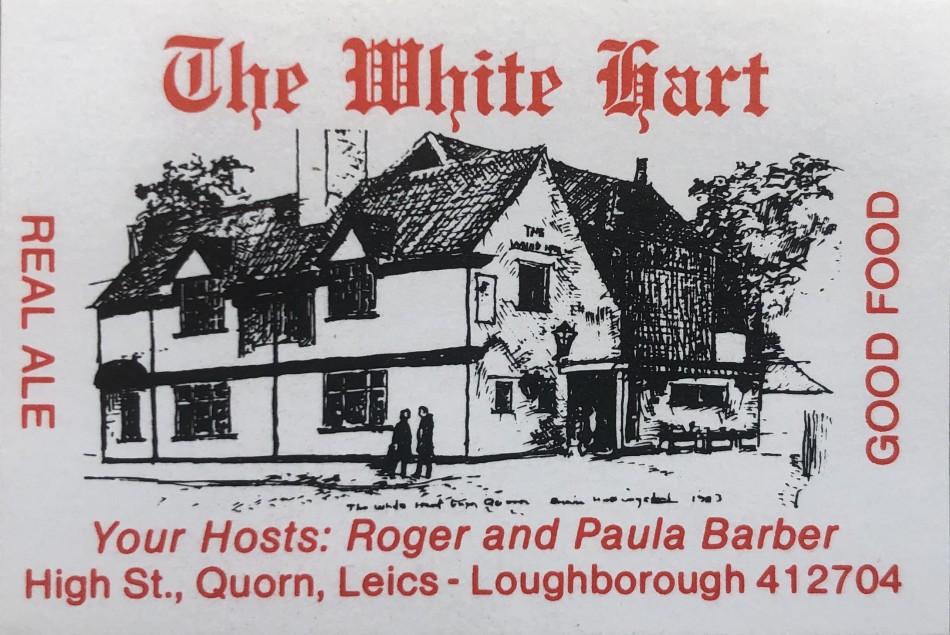 White Hart, Quorn, matchbox label, 1980s