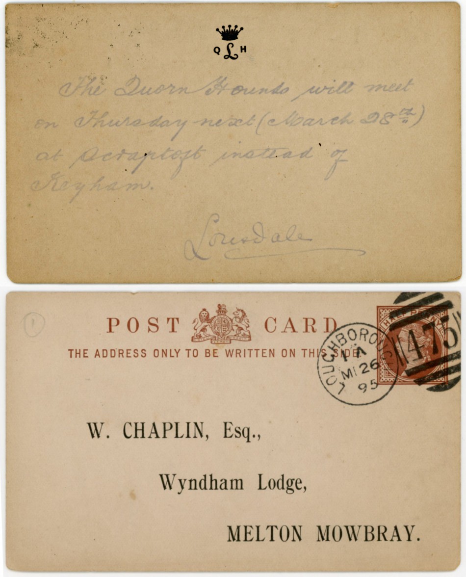 Postcard from Lord Lonsdale in 1895 about Quorn Hunt
