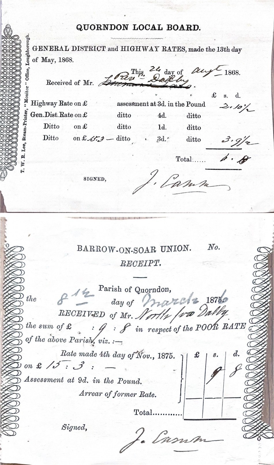 Receipts � Quorndon Local Board and Barrow on Soar Poor Law Union