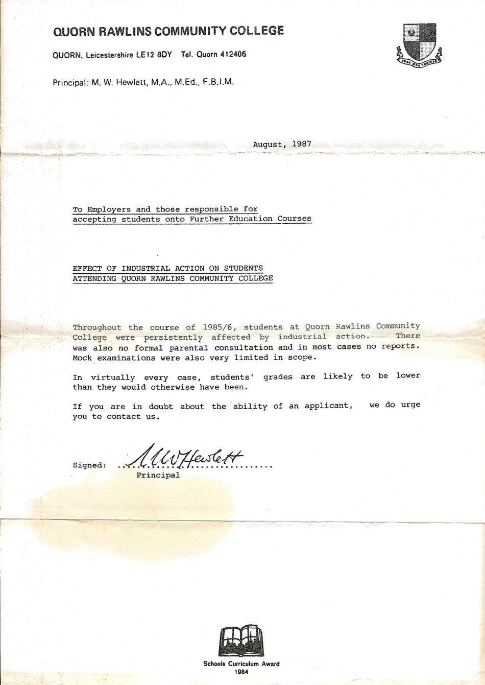 Letter from Quorn Rawlins School - 1987