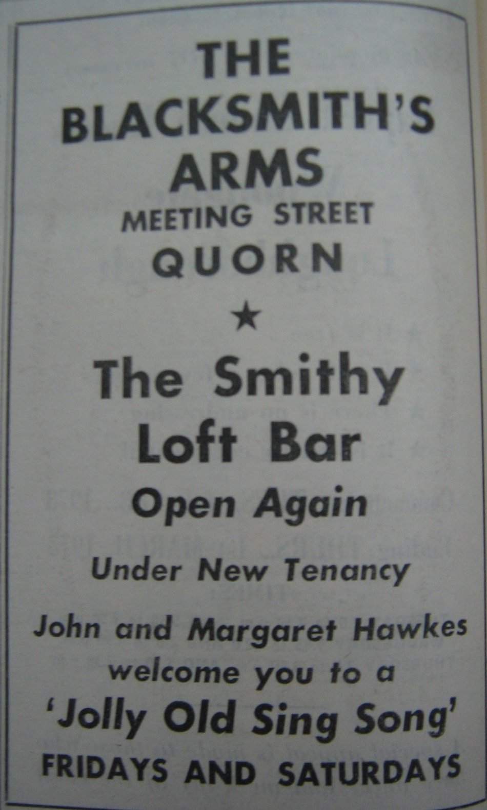 Newspaper Advert for the Blacksmith's Arms, Quorn