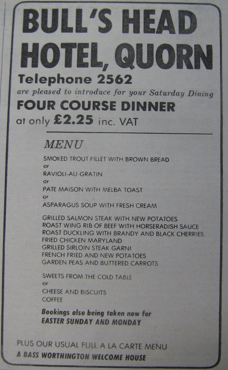 Bull's Head Hotel advert 1975