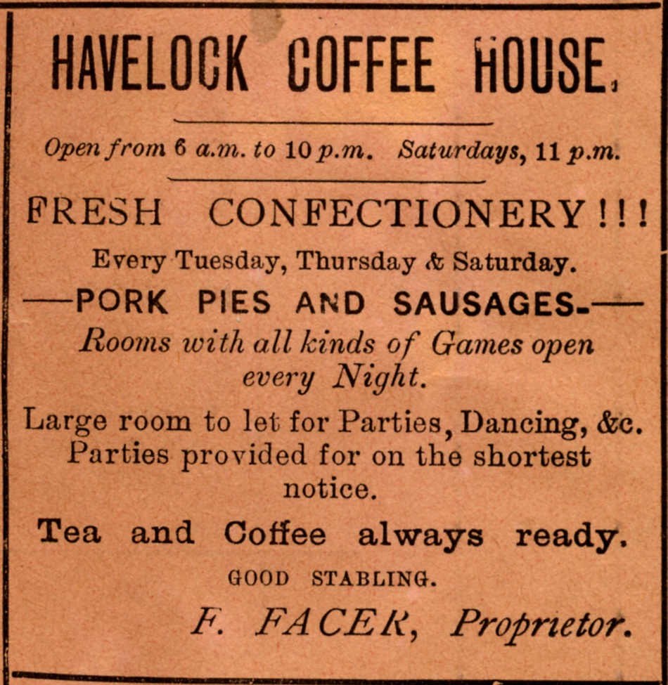 Advertisement by F. Facer (Havelock Coffee House), Quorn, 1891
